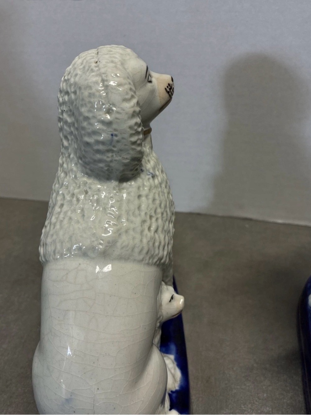Pair Of Staffordshire 19 c. Poodle Mum With 2 Pups Cobalt Base Gilt Trim - Picture 11 of 16